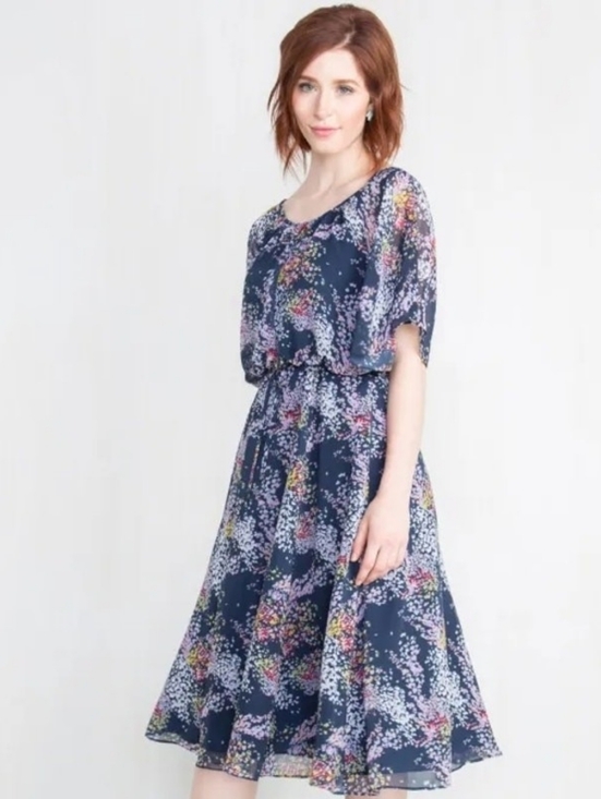 Modcloth Dresses & Skirts - ModCloth Fiore Your Entertainment Flora Navy Blue Floral Cold Shoulder Dress Lg